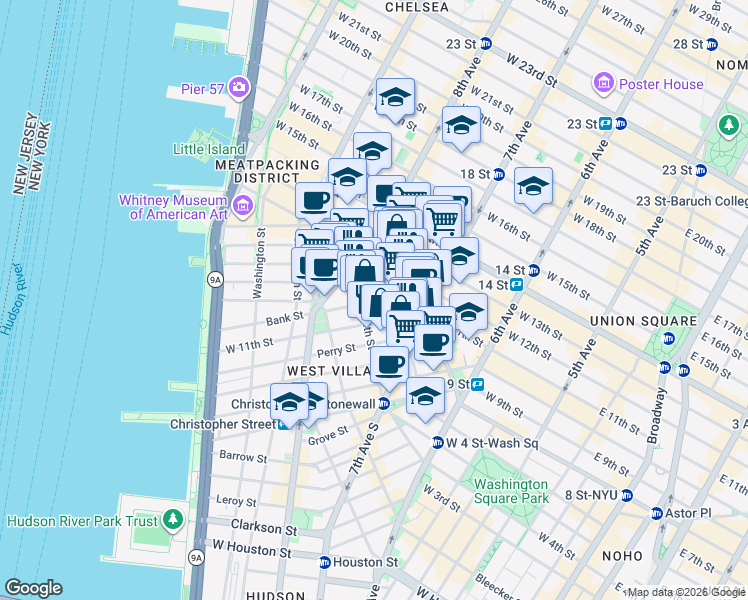 map of restaurants, bars, coffee shops, grocery stores, and more near 18 Bank Street in New York