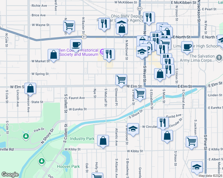 map of restaurants, bars, coffee shops, grocery stores, and more near 557 West Elm Street in Lima