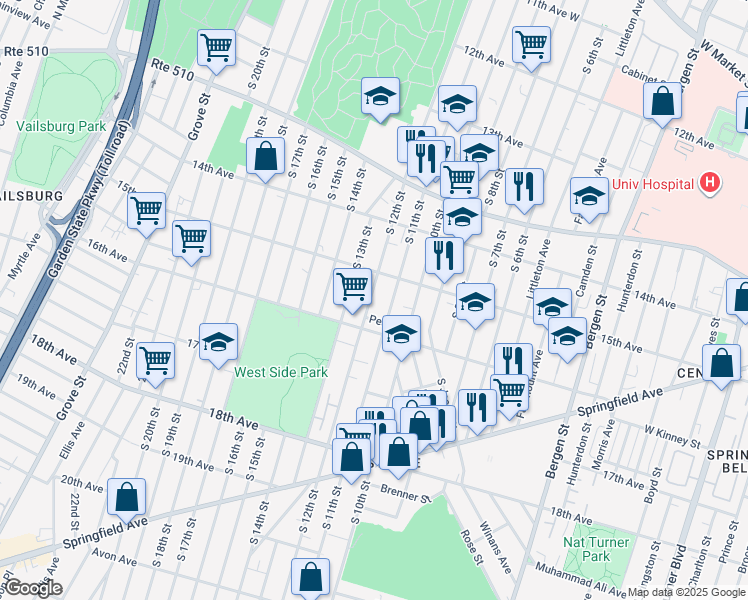 map of restaurants, bars, coffee shops, grocery stores, and more near 488 South 12th Street in Newark