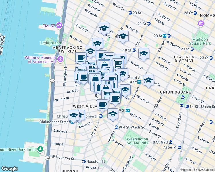 map of restaurants, bars, coffee shops, grocery stores, and more near 8 Bank Street in New York