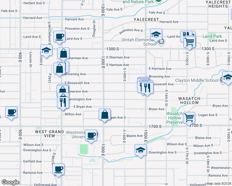map of restaurants, bars, coffee shops, grocery stores, and more near 1356 East Emerson Avenue in Salt Lake City
