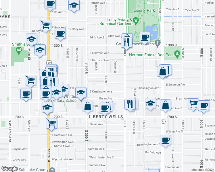 map of restaurants, bars, coffee shops, grocery stores, and more near 422 East Emerson Avenue in Salt Lake City