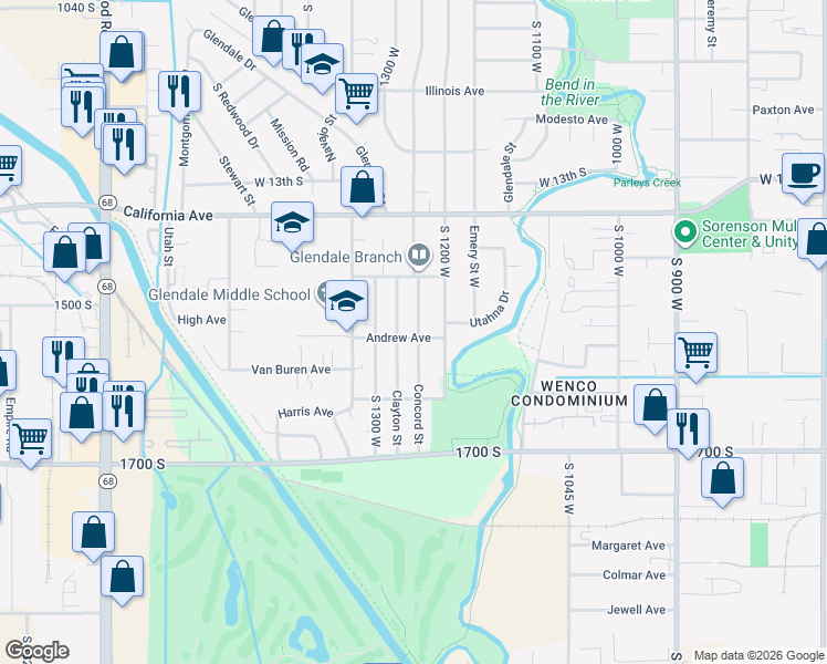 map of restaurants, bars, coffee shops, grocery stores, and more near 1240 Andrew Avenue in Salt Lake City