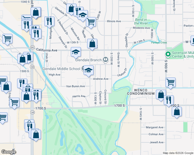 map of restaurants, bars, coffee shops, grocery stores, and more near 1280 Andrew Avenue in Salt Lake City