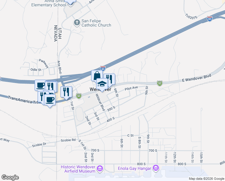 map of restaurants, bars, coffee shops, grocery stores, and more near 100 South 9th in Wendover