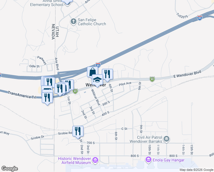 map of restaurants, bars, coffee shops, grocery stores, and more near 100 South 9th in Wendover