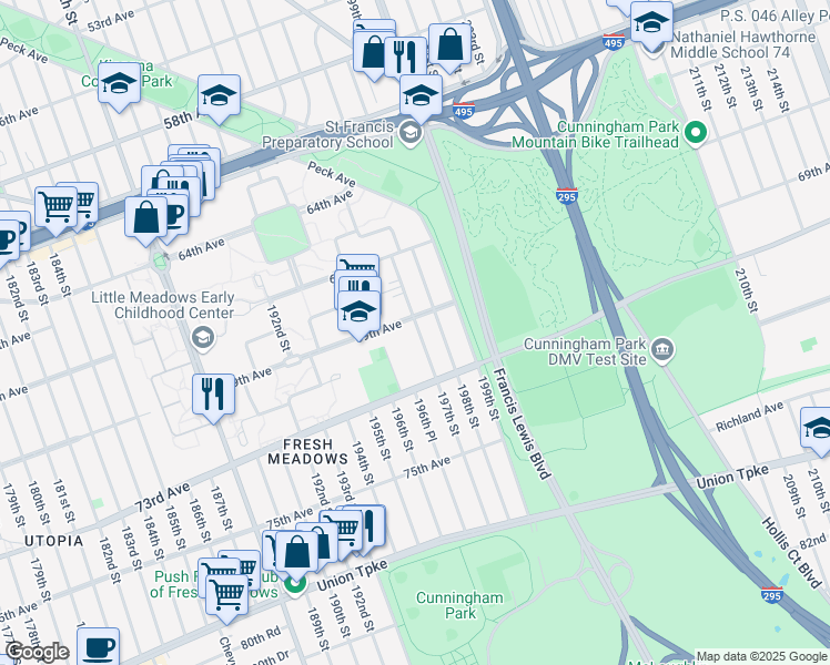 map of restaurants, bars, coffee shops, grocery stores, and more near 69-10 197th Street in Queens