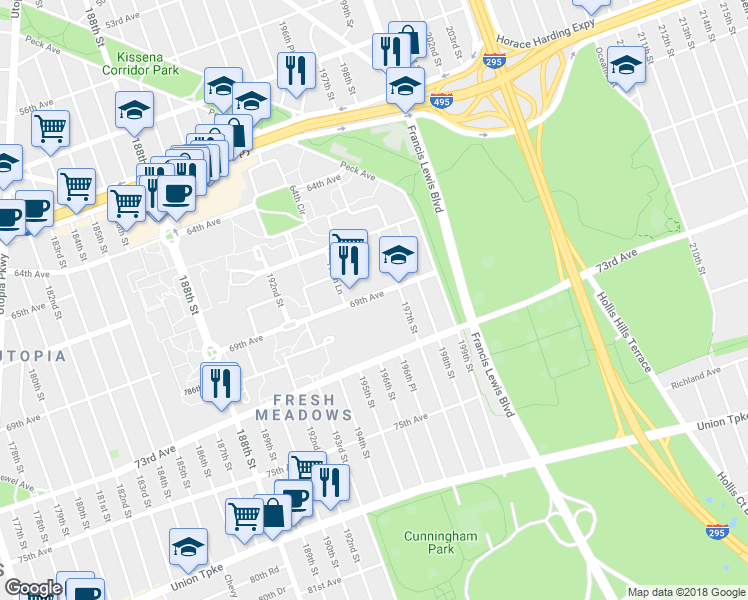 map of restaurants, bars, coffee shops, grocery stores, and more near 196-66 69th Avenue in Queens