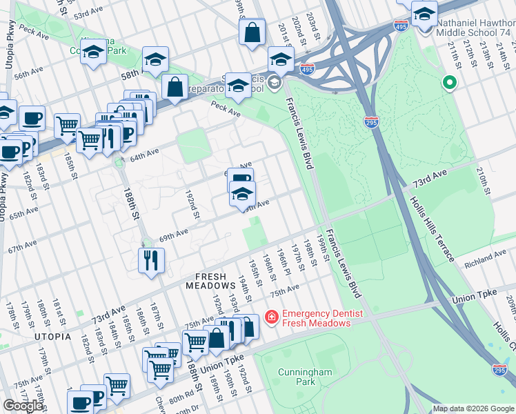 map of restaurants, bars, coffee shops, grocery stores, and more near 196-66 69th Avenue in Queens