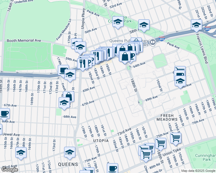 map of restaurants, bars, coffee shops, grocery stores, and more near 65-09 183rd Street in Queens
