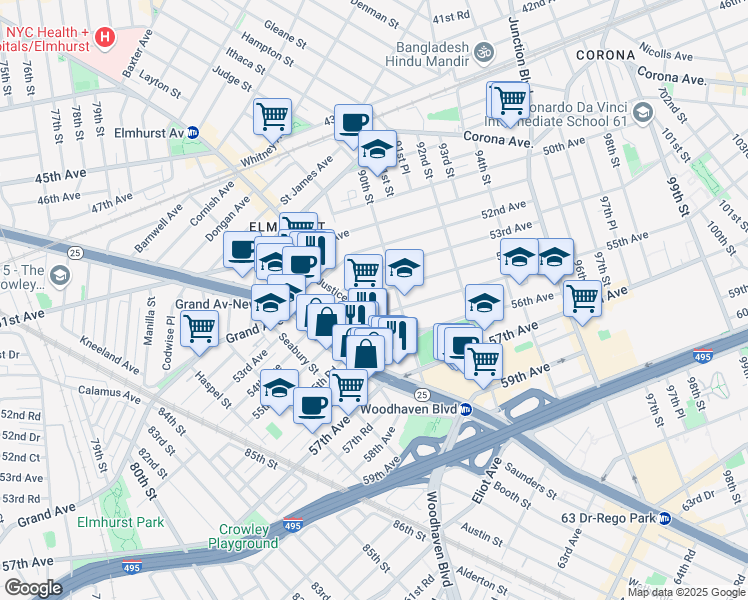 map of restaurants, bars, coffee shops, grocery stores, and more near in Queens