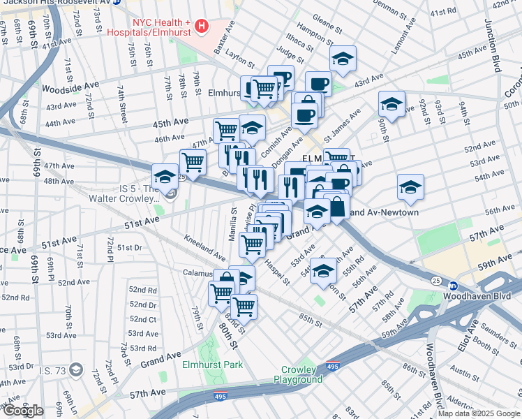 map of restaurants, bars, coffee shops, grocery stores, and more near in Queens
