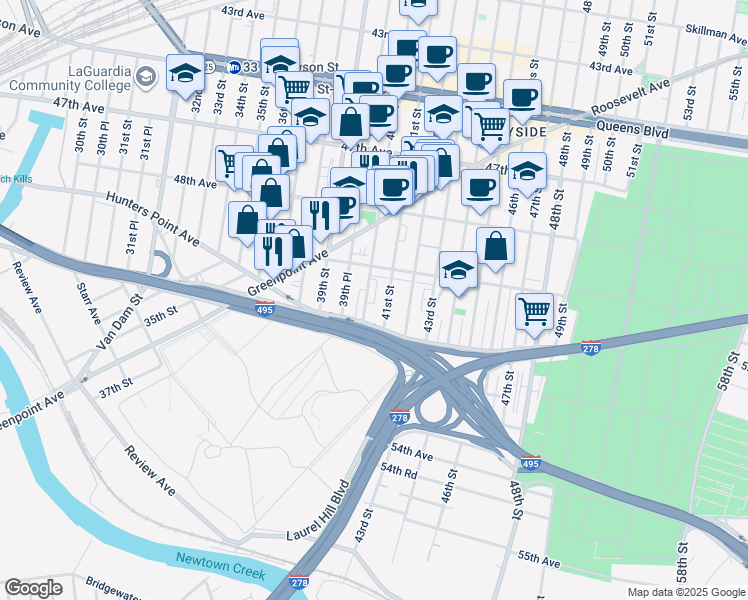 map of restaurants, bars, coffee shops, grocery stores, and more near 50-38 40th Street in Queens