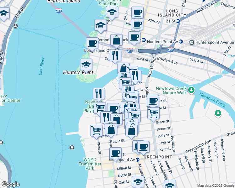 map of restaurants, bars, coffee shops, grocery stores, and more near 65 Commercial Street in Brooklyn