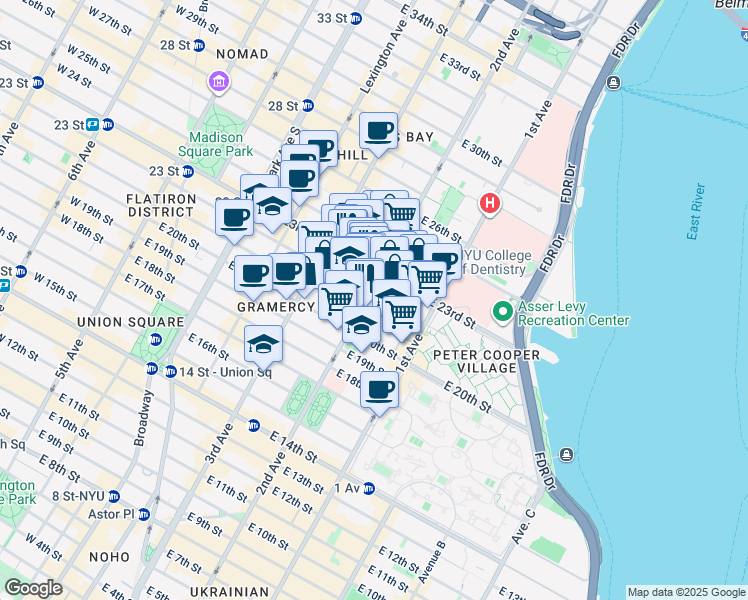map of restaurants, bars, coffee shops, grocery stores, and more near 380 2nd Avenue in New York