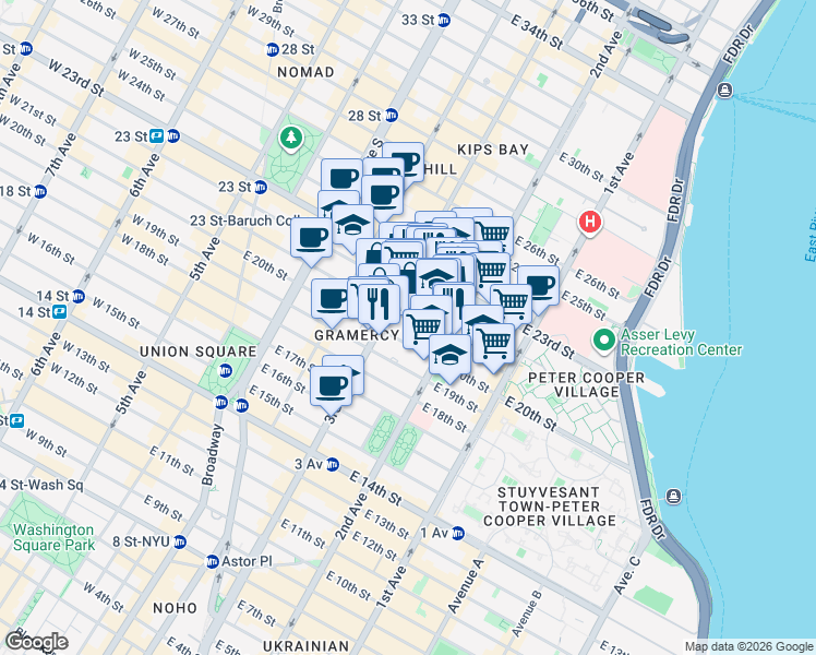map of restaurants, bars, coffee shops, grocery stores, and more near 224 East 21st Street in New York