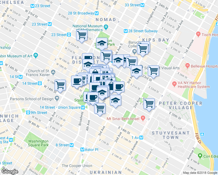 map of restaurants, bars, coffee shops, grocery stores, and more near 117 East 18th Street in New York