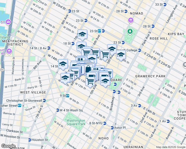 map of restaurants, bars, coffee shops, grocery stores, and more near 31 West 14th Street in New York