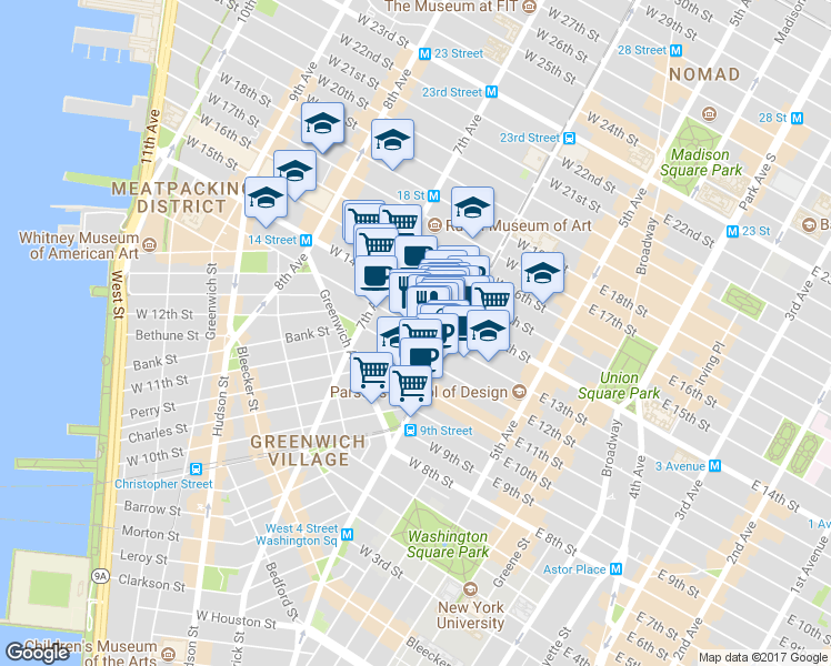 map of restaurants, bars, coffee shops, grocery stores, and more near in New York