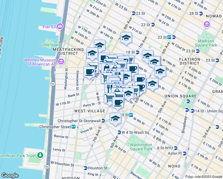 map of restaurants, bars, coffee shops, grocery stores, and more near 87 Greenwich Avenue in New York