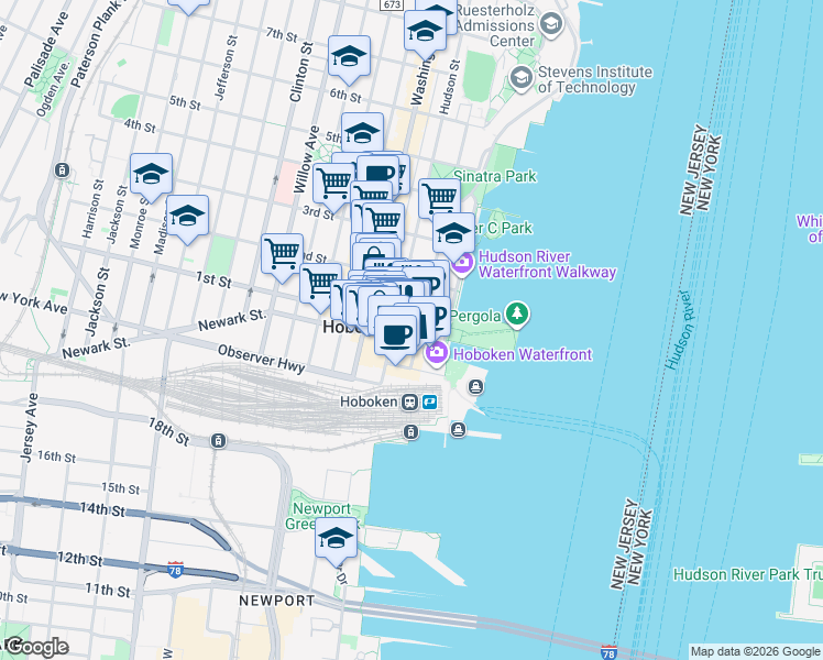 map of restaurants, bars, coffee shops, grocery stores, and more near 5 Marine View Plaza in Hoboken