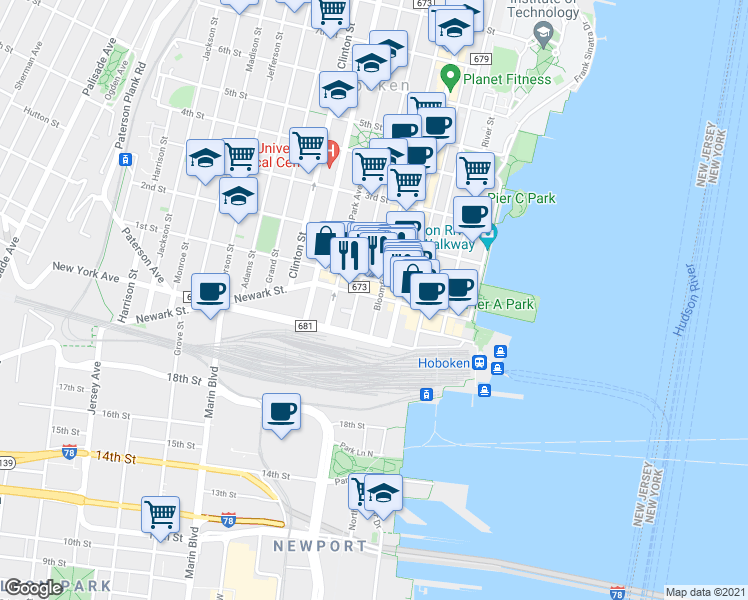 map of restaurants, bars, coffee shops, grocery stores, and more near 163 Newark Street in Hoboken