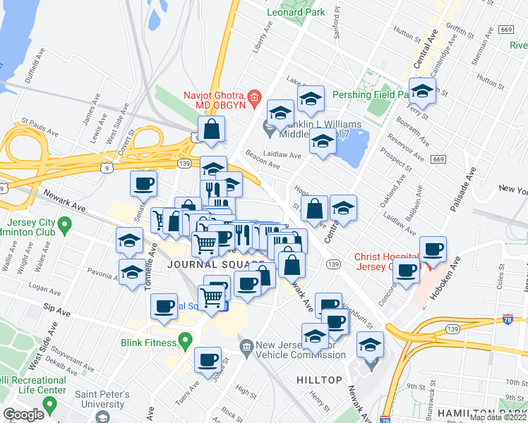 map of restaurants, bars, coffee shops, grocery stores, and more near 639 Summit Avenue in Jersey City