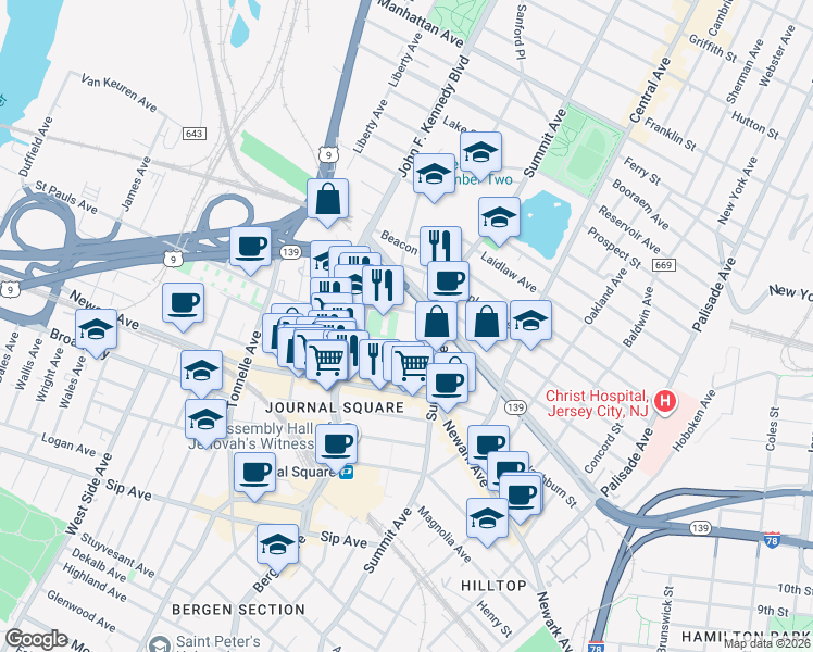map of restaurants, bars, coffee shops, grocery stores, and more near 225 Saint Pauls Avenue in Jersey City