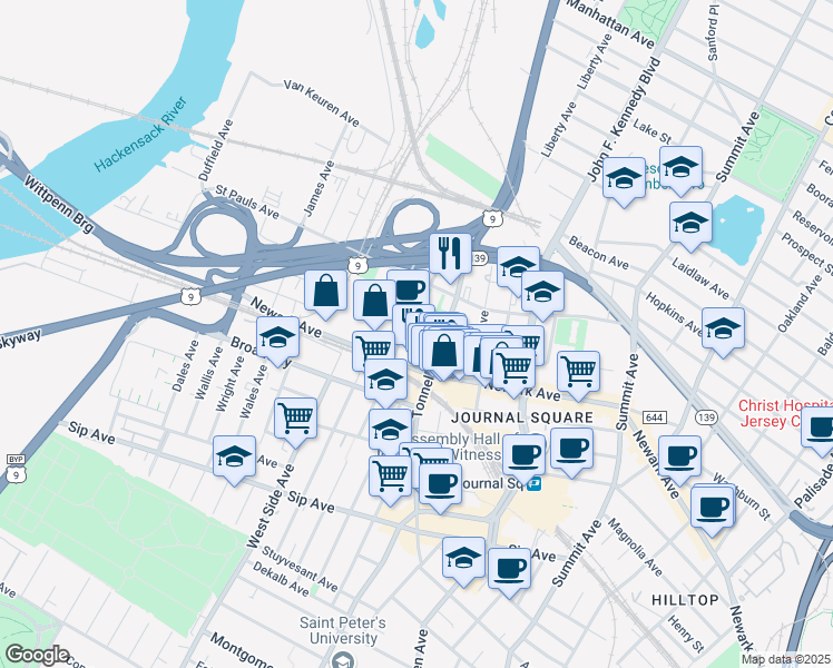map of restaurants, bars, coffee shops, grocery stores, and more near in Jersey City