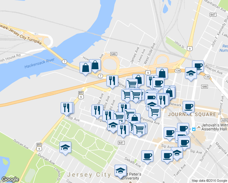 map of restaurants, bars, coffee shops, grocery stores, and more near 153 County Road 642 in Jersey City