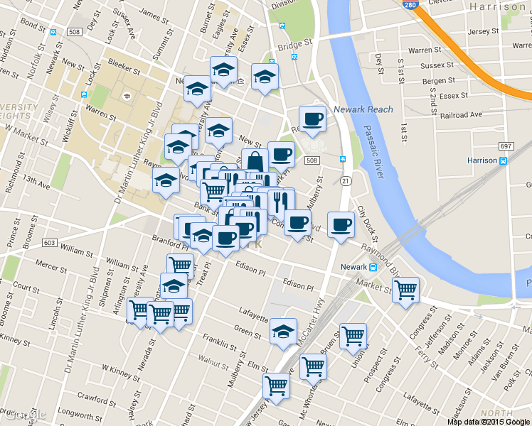 map of restaurants, bars, coffee shops, grocery stores, and more near 726 Broad Street in Newark