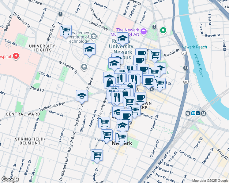 map of restaurants, bars, coffee shops, grocery stores, and more near in Newark