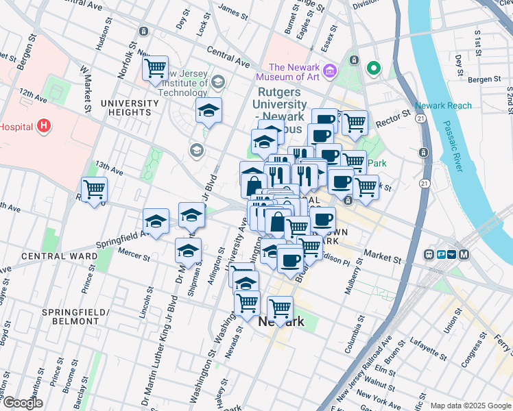 map of restaurants, bars, coffee shops, grocery stores, and more near 1 Market Street in Newark