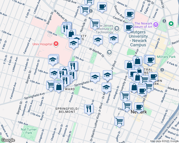 map of restaurants, bars, coffee shops, grocery stores, and more near 59 South Orange Avenue in Newark