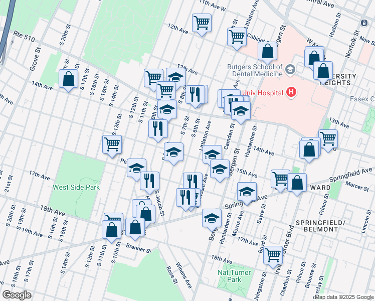 map of restaurants, bars, coffee shops, grocery stores, and more near in Newark