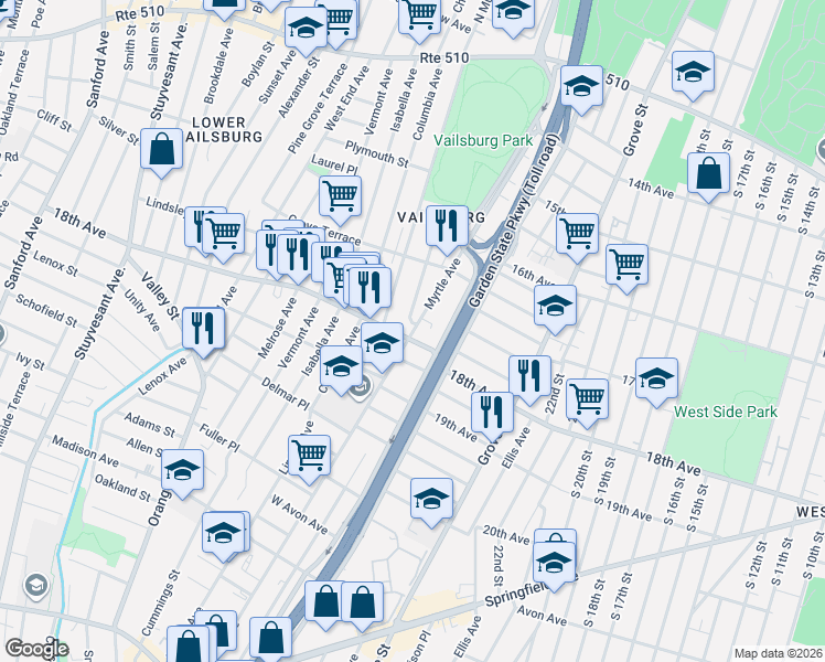 map of restaurants, bars, coffee shops, grocery stores, and more near 337 Myrtle Avenue in Irvington