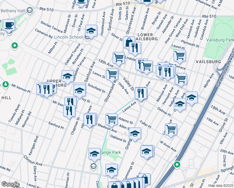map of restaurants, bars, coffee shops, grocery stores, and more near 274 Stuyvesant Avenue in Newark