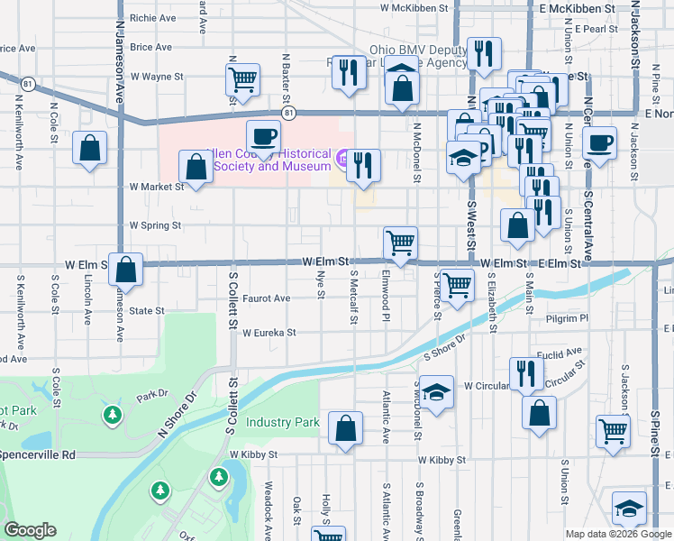 map of restaurants, bars, coffee shops, grocery stores, and more near 613 West Elm Street in Lima