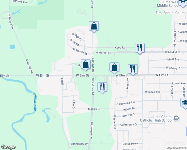 map of restaurants, bars, coffee shops, grocery stores, and more near 3314-3330 West Elm Street in Lima
