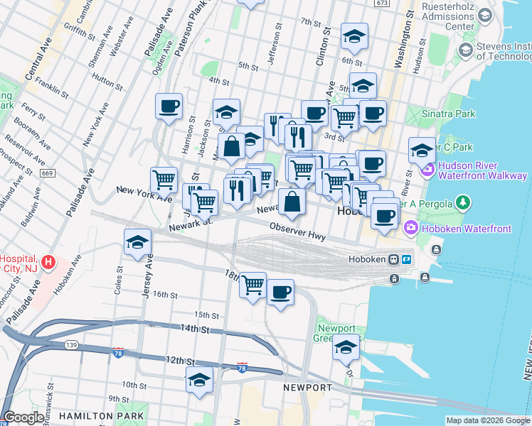 map of restaurants, bars, coffee shops, grocery stores, and more near 415 Newark Street in Hoboken