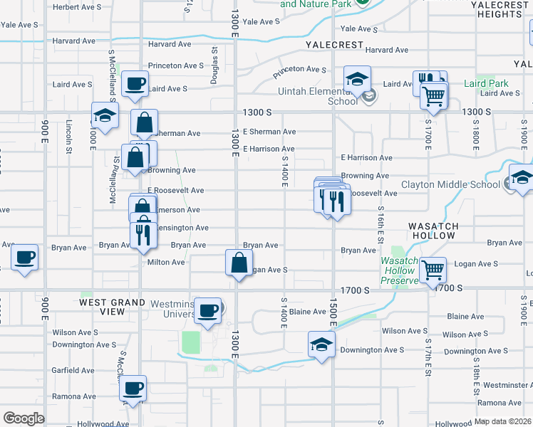 map of restaurants, bars, coffee shops, grocery stores, and more near 1356 East Emerson Avenue in Salt Lake City