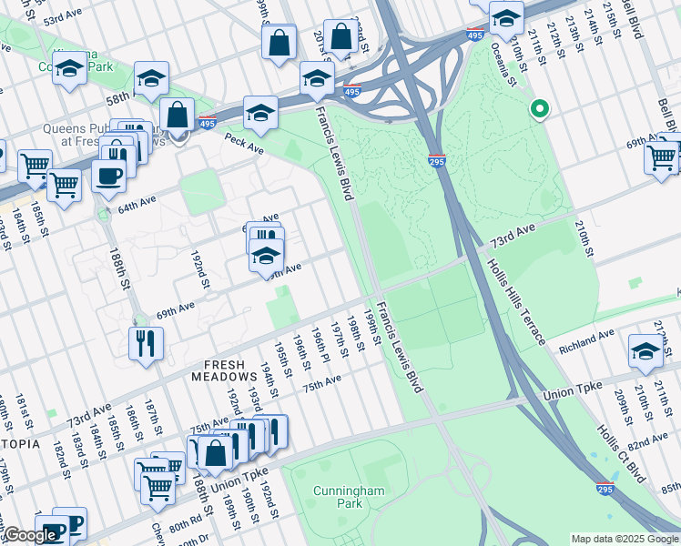 map of restaurants, bars, coffee shops, grocery stores, and more near 69-25 198th Street in Queens