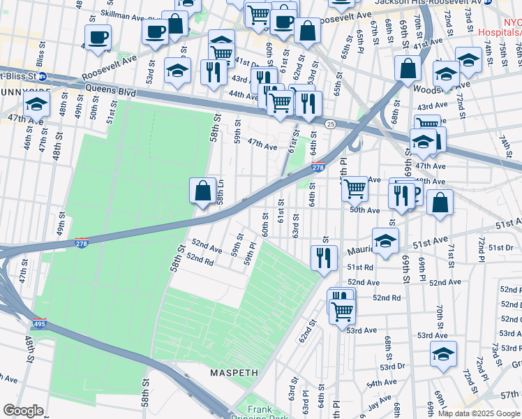map of restaurants, bars, coffee shops, grocery stores, and more near 50-02 60th Street in Queens