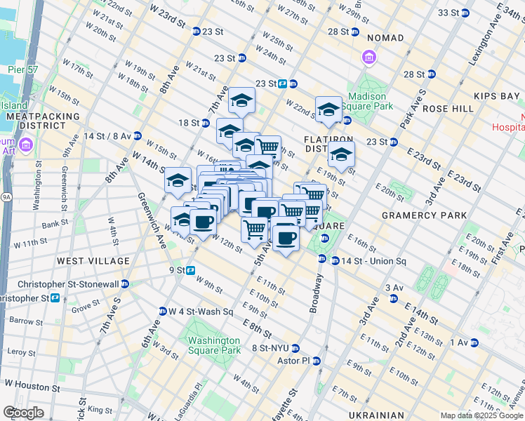 map of restaurants, bars, coffee shops, grocery stores, and more near 20 West 15th Street in New York