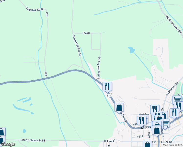 map of restaurants, bars, coffee shops, grocery stores, and more near 15341 Lincoln Street Southeast in Minerva