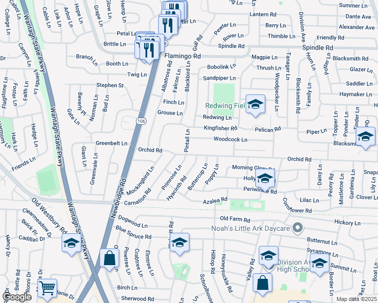 map of restaurants, bars, coffee shops, grocery stores, and more near 29 Pintail Lane in Levittown