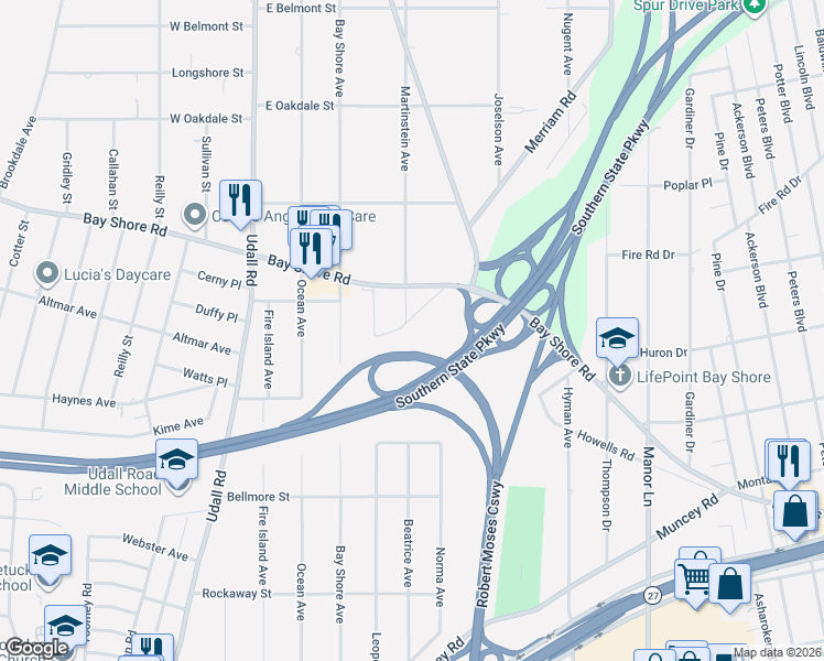 map of restaurants, bars, coffee shops, grocery stores, and more near 15 Joan Road in Bay Shore