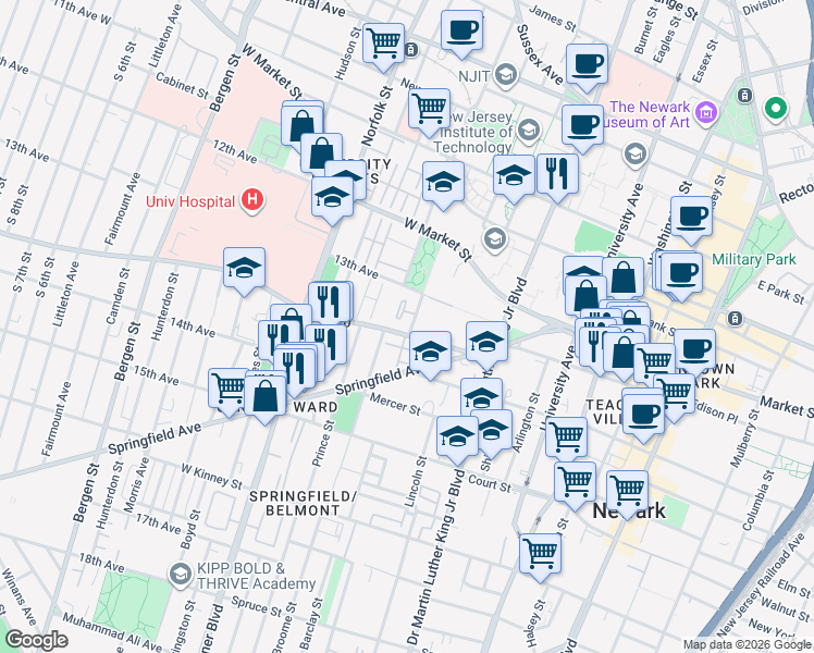 map of restaurants, bars, coffee shops, grocery stores, and more near 73 Howard Street in Newark