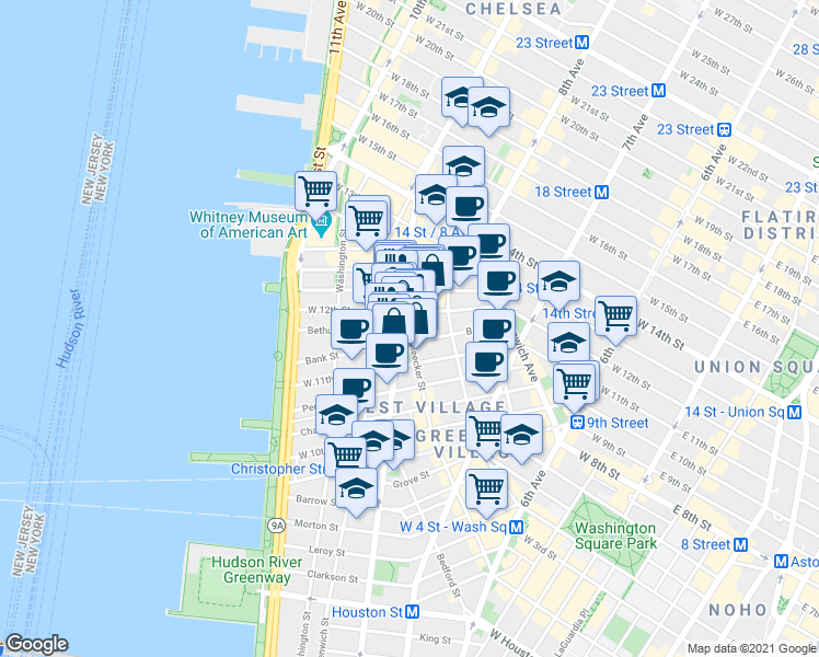 map of restaurants, bars, coffee shops, grocery stores, and more near 3 8th Avenue in New York