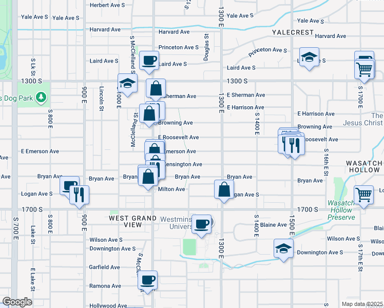 map of restaurants, bars, coffee shops, grocery stores, and more near 1206 East Emerson Avenue in Salt Lake City